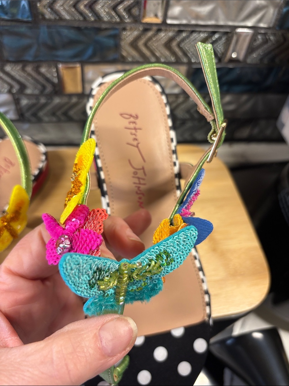 Betsey Johnson Multicolor Floral & Butterfly Polka Dot T-Strap Sandals - Picture 5 of 7